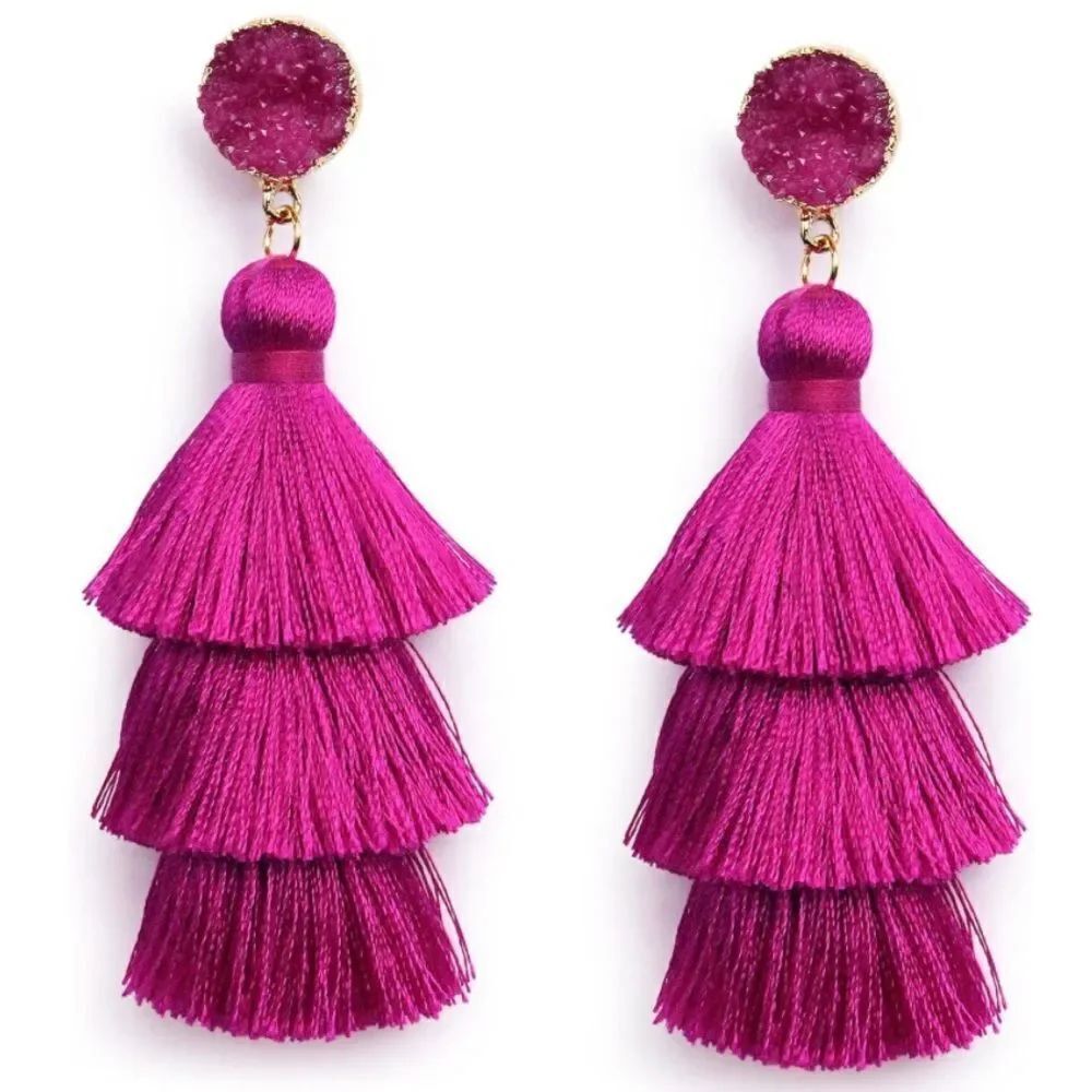 14K Yellow Gold with Magenta Silk Thread Tassel and Quartz Druzy Post Earrings